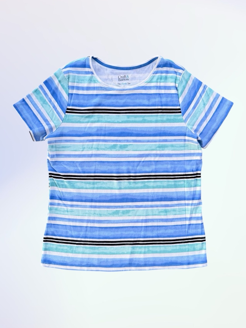 Croft & Barrow Classic Tee Blue Striped Short Sleeve Cotton Top ~ Women's L
